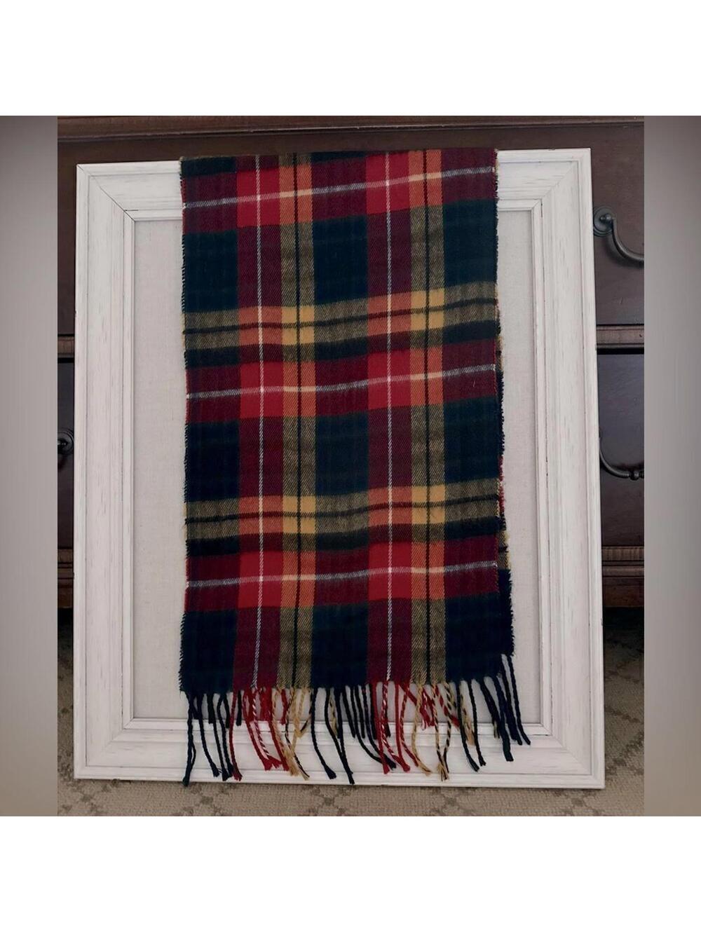 Vintage Cejon black, yellow, red, orange plaid muffler scarf with fringe.